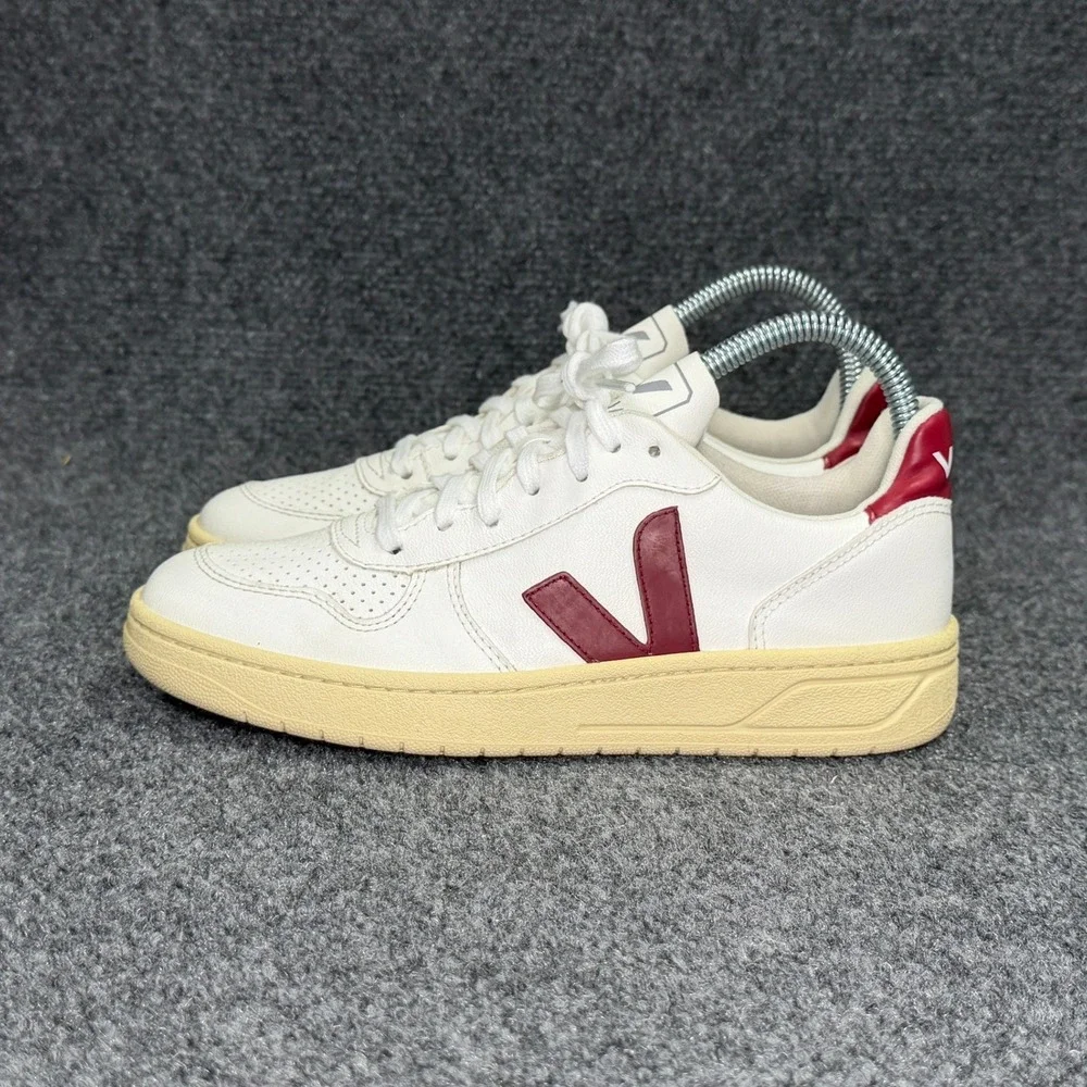 Veja V-10 Sneakers Womens 5 White Maroon Leather Low Lace Retro Athletic Sneaker